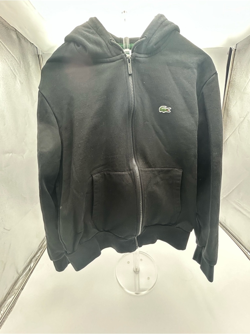 Lacoste women Black Zip Hoodie with Green Crocodile Patch